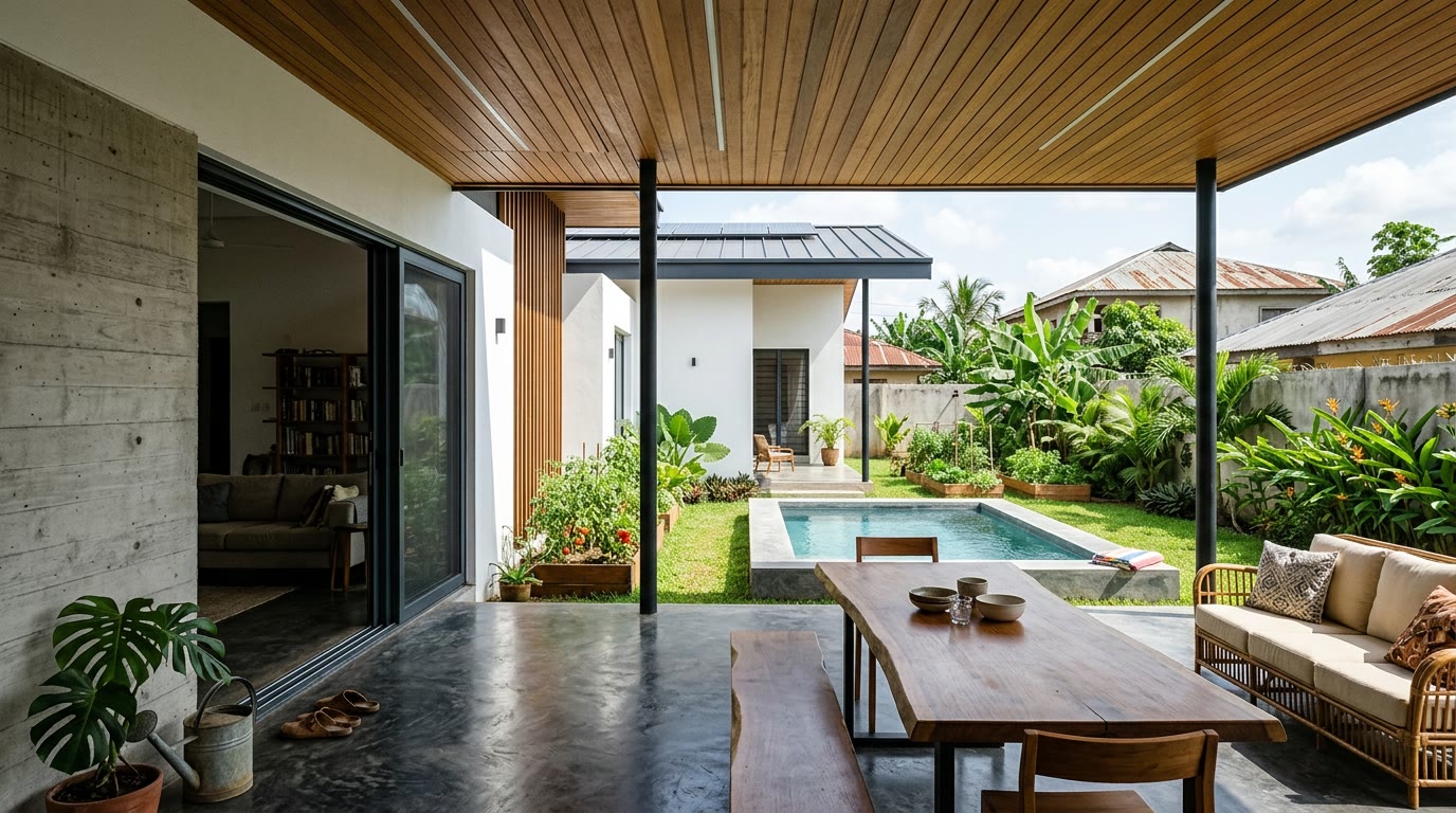 Exterior, Rear veranda and pool terrace, afternoon