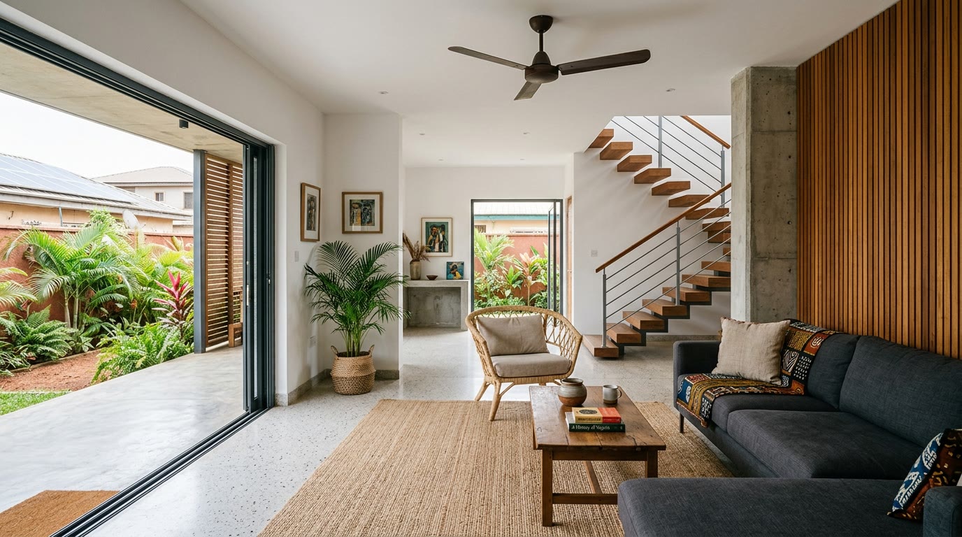 Interior, Unit A living room, garden doors open