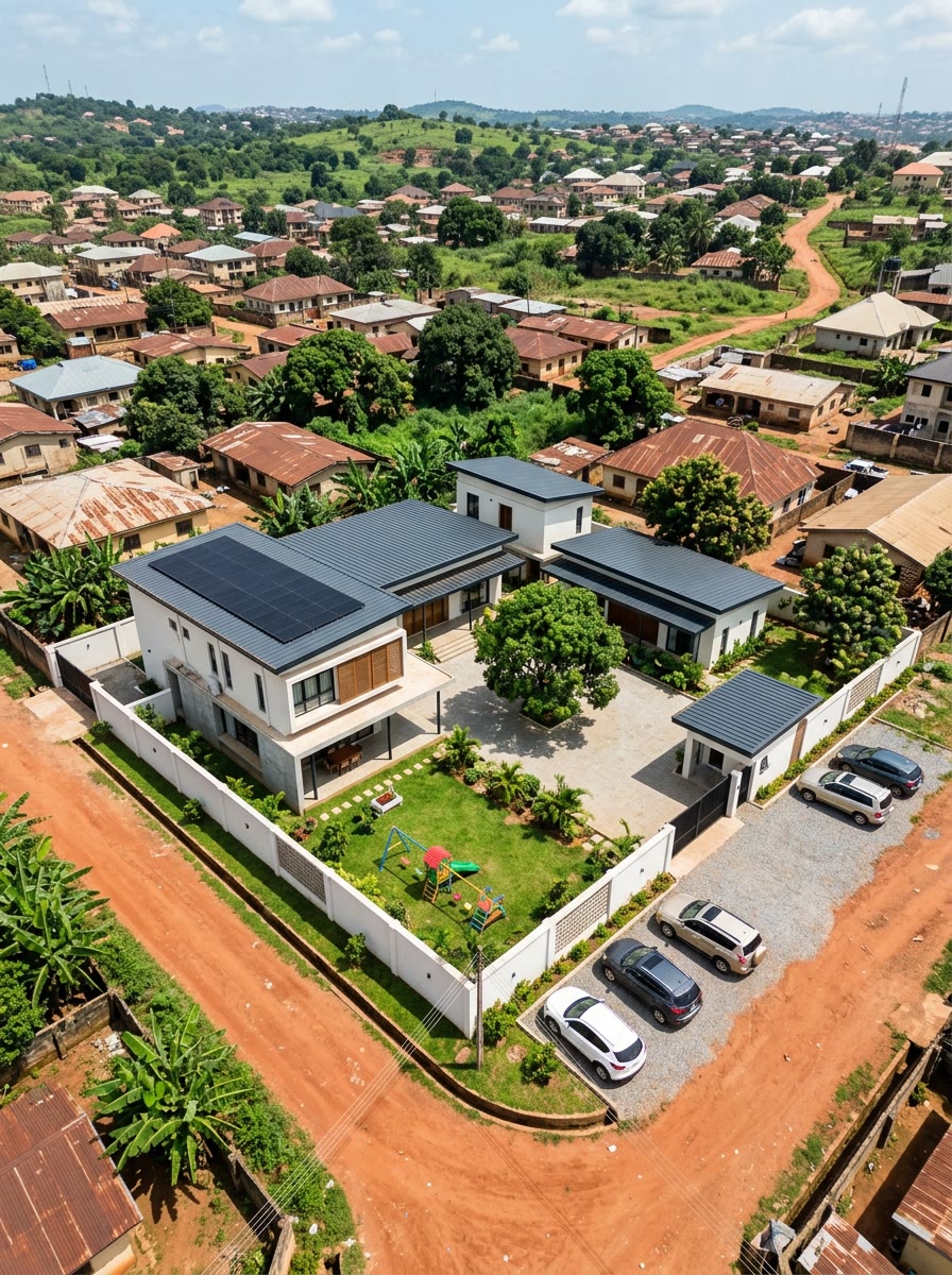 Aerial, Three buildings around the courtyard, from the north east