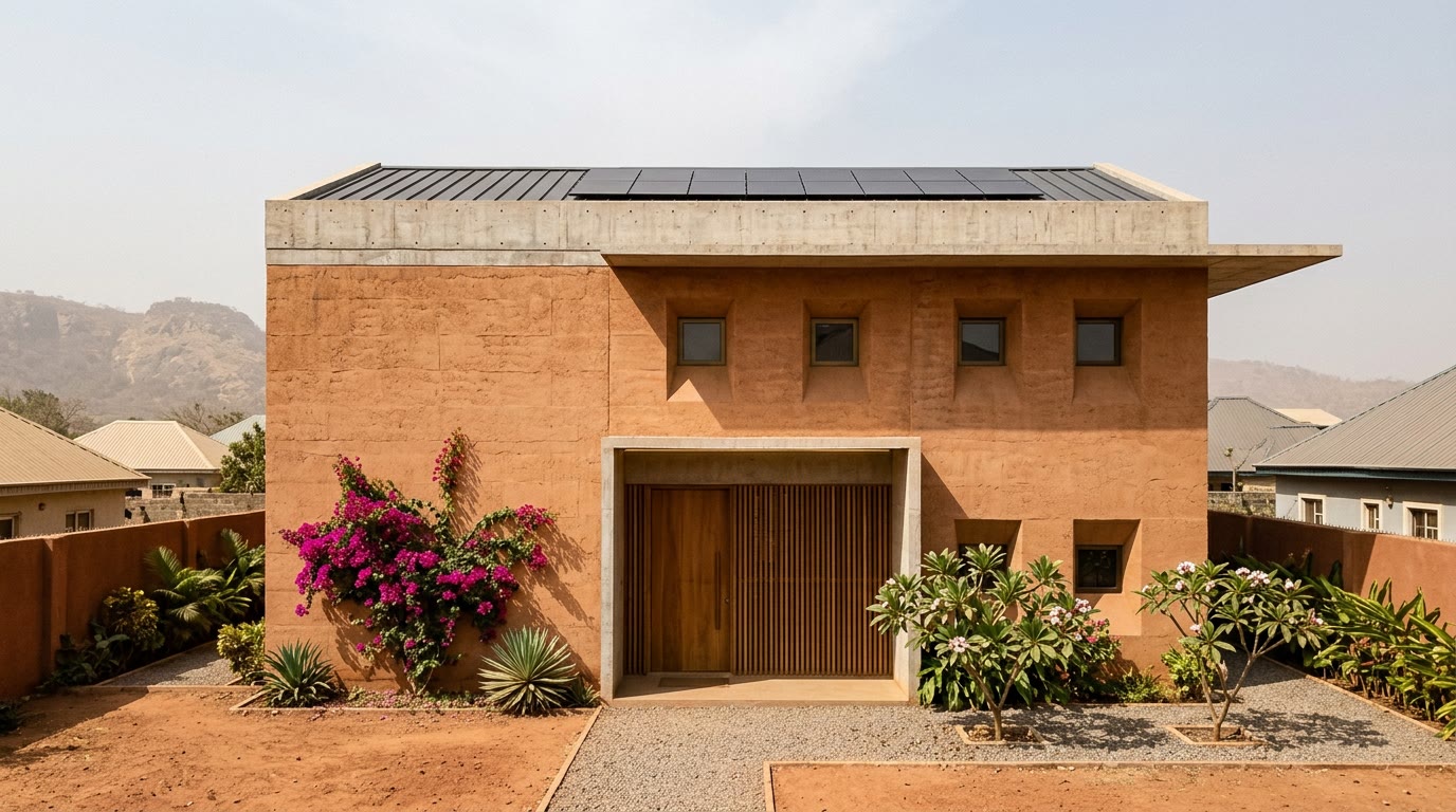 Exterior, Entrance elevation, deep set openings