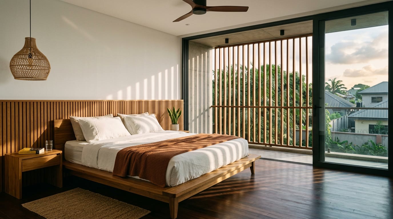 Interior, Master suite and shaded balcony