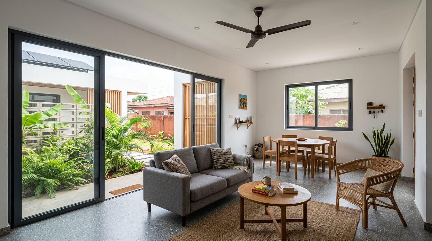 Interior, Living and dining, courtyard on the left