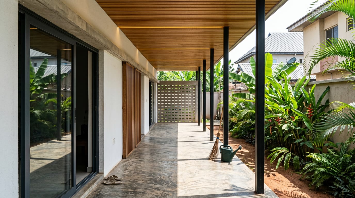 Exterior, Veranda looking down the courtyard edge
